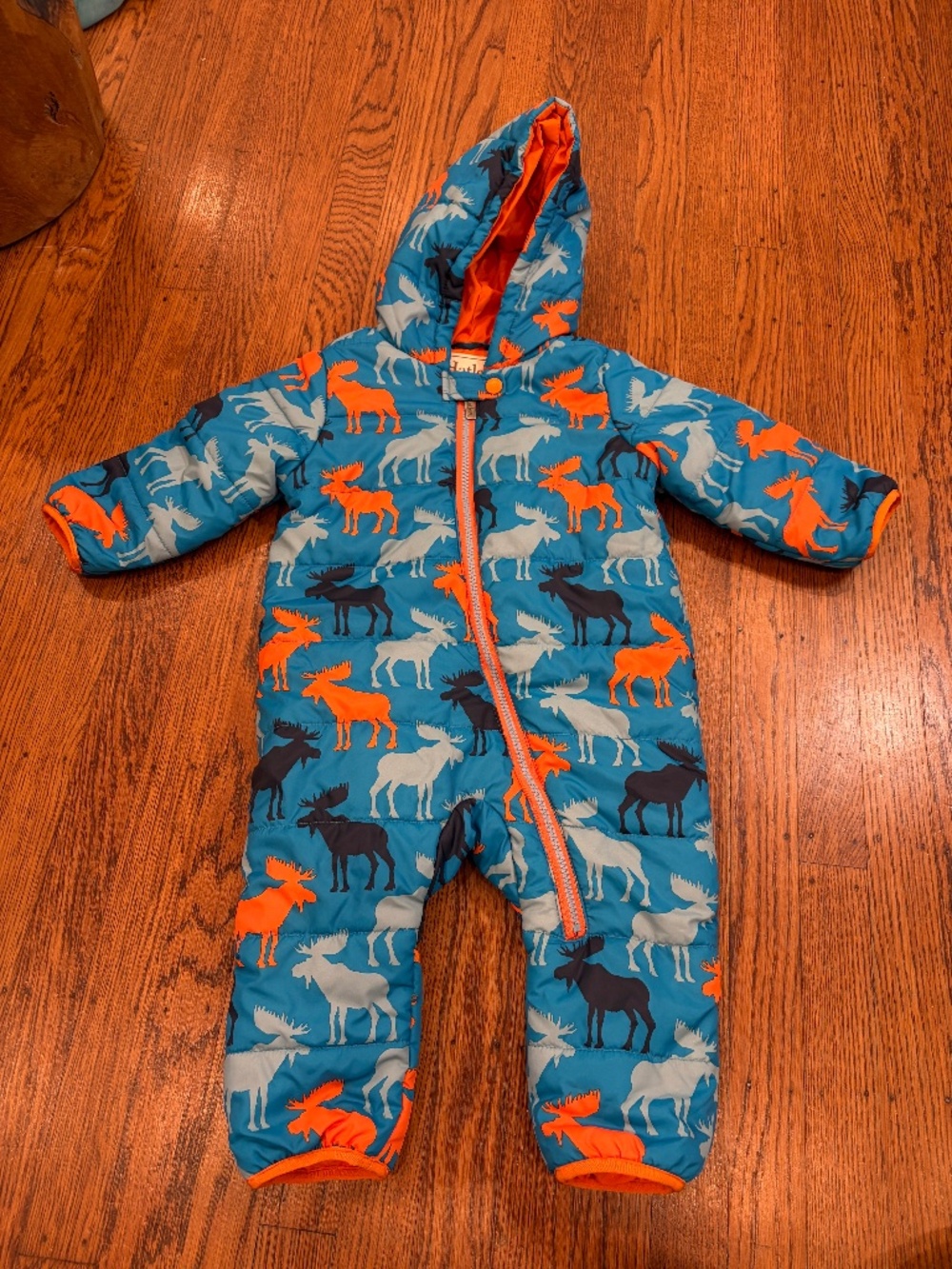 Hatley Baby Blue Orange Moose Hooded Puffer Snowsuit 12-18M Bundler Waterproof